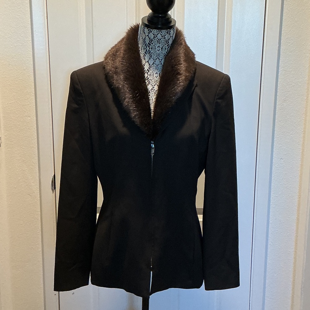 Jones NY Black Jacket with Brown Faux-Fur Collar